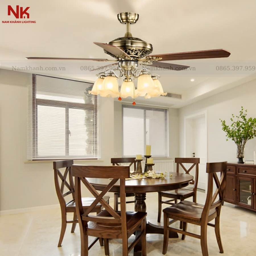 Quạt Trần 5 Chao 006 Cánh Gỗ Đậm