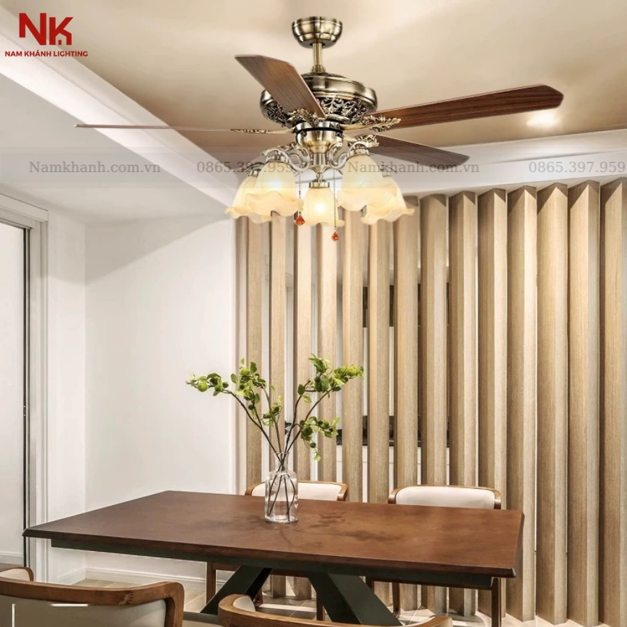 Quạt Trần 5 Chao 006 Cánh Gỗ Đậm