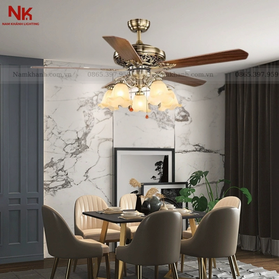 Quạt Trần 5 Chao 006 Cánh Gỗ Đậm
