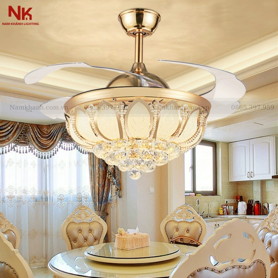 Quạt Cụp Xòe Pha Lê Cánh Sen