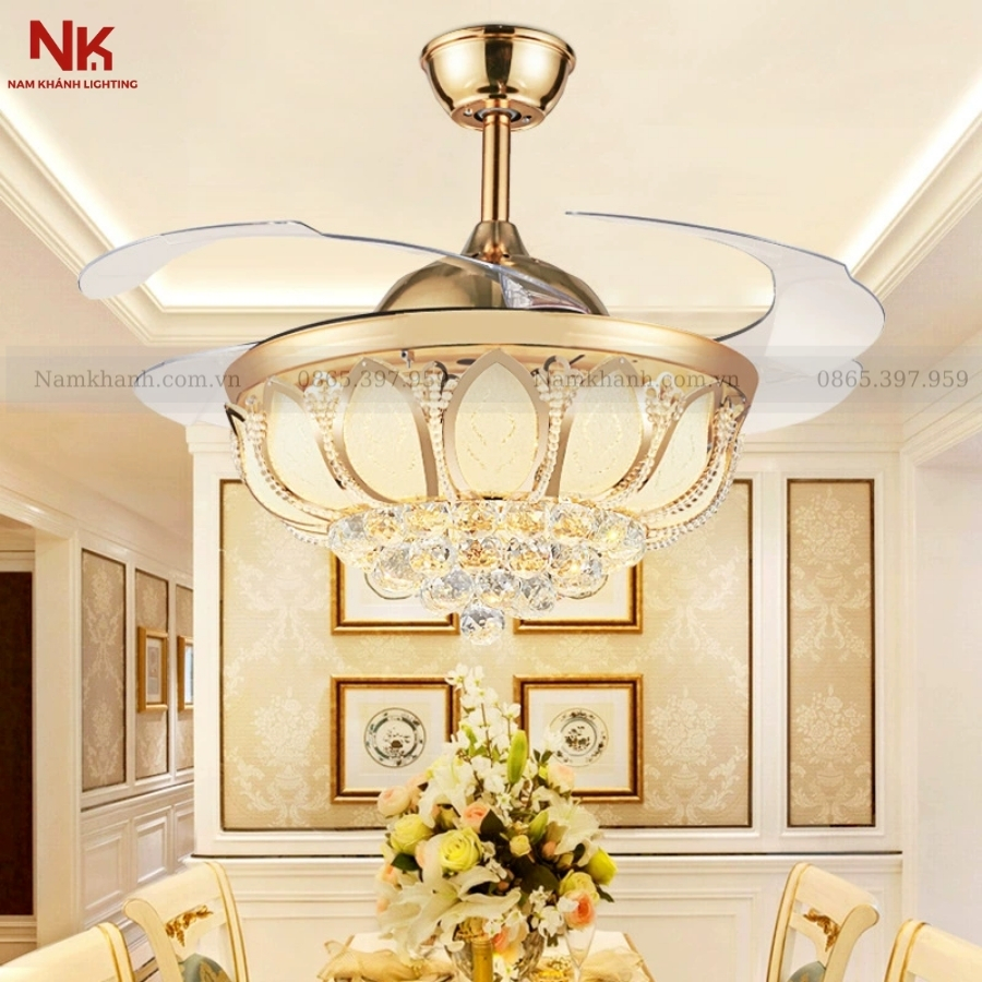Quạt Cụp Xòe Pha Lê Cánh Sen